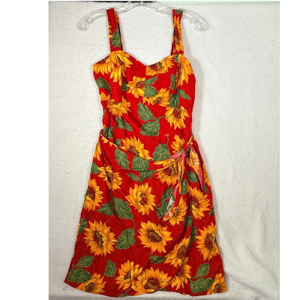 Paradise Found Sunflower Sarong Dress Red Rayon Vtg Hawaii Smocked Back Womens L